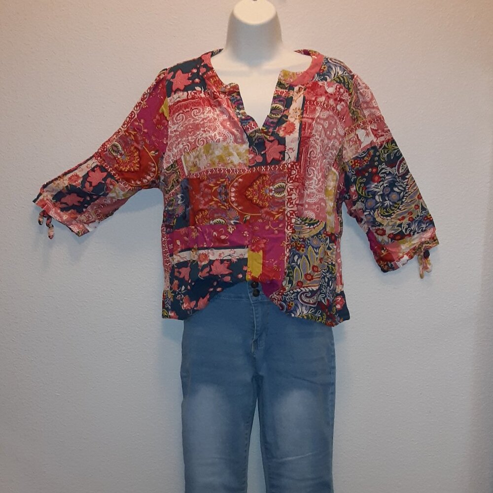 Jones & Co Blouse * Gauzy Boho Flowy * Sz XL * Hot Pink, Yellow * NWOT